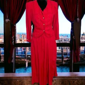 S.L. Petites Midi Long Sleeve Dress Women's 8 Red Jacket Tie Back Modest Vintage